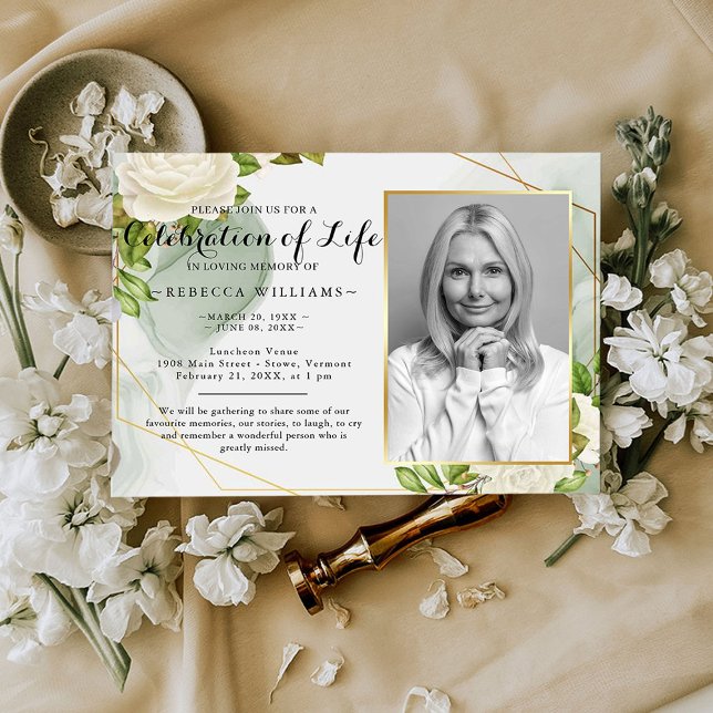 Modern White Floral Photo Celebration of life Invitation (Creator Uploaded)