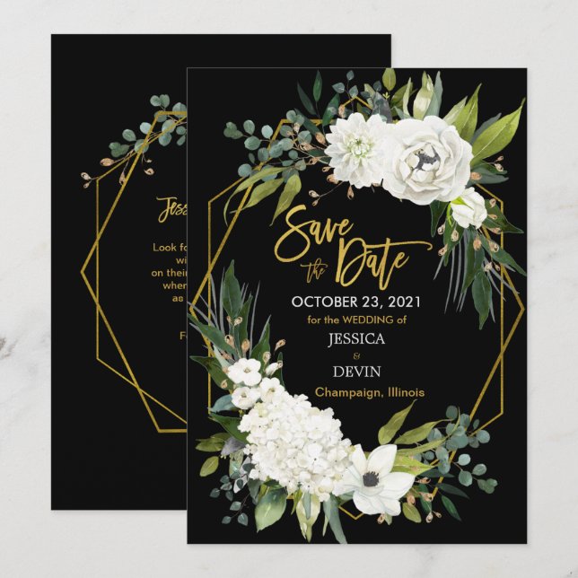 Modern White Floral Velvet Black Gold Geometric  Save The Date (Front/Back)