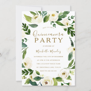 Modern White Floral Wreath Quinceanera Party Invitation