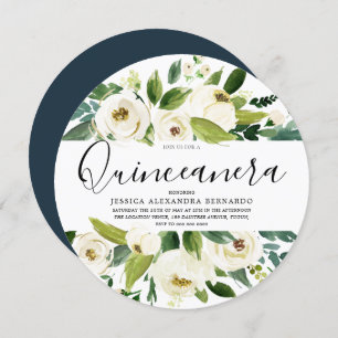 Modern White Florals Green Leaf Quinceanera Party Invitation