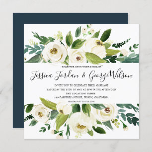 Modern White Florals Green Leaf Wedding Invite