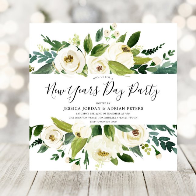 Modern White Florals Green New Years Day Party Invitation (Creator Uploaded)