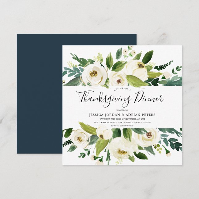 Modern White Florals Green ThanksGiving Dinner Invitation (Front/Back)