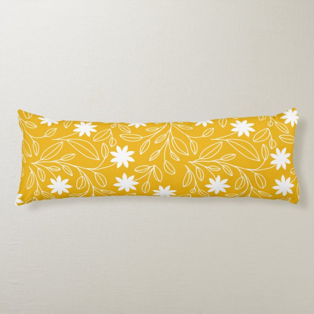 Modern White Flower Leaf Yellow Body Cushion (Front)