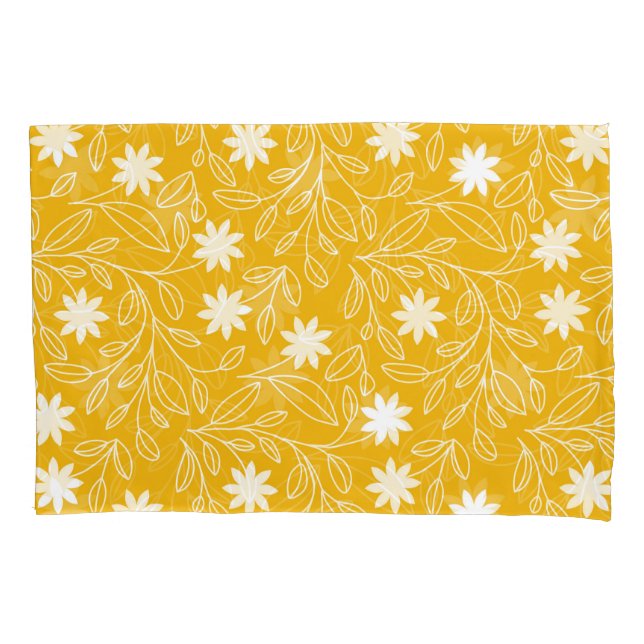 Modern White Flower Leaf Yellow Pillowcase (Front-Left)