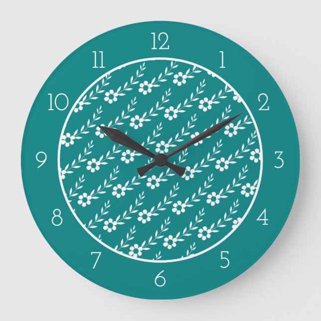 Modern white flower pattern and teal blue border large clock (Front)