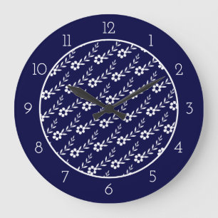 Modern white flower pattern navy blue border large clock