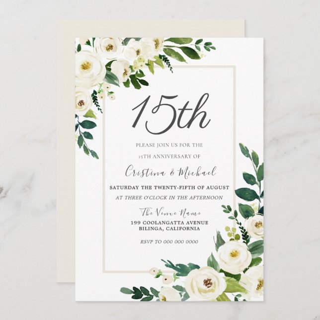 Modern White Flowers 15th Wedding Anniversary Invitation (Front/Back)