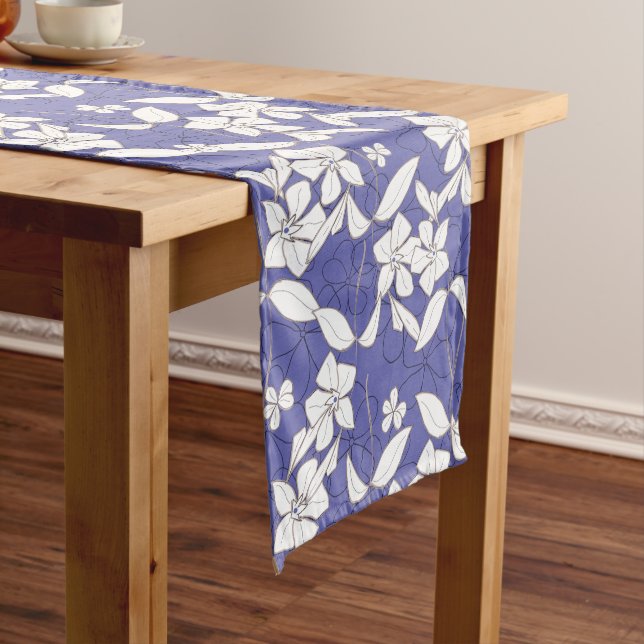 Modern white flowers on a periwinkle  medium table runner (In Situ)