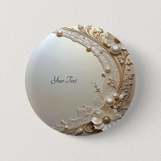 Modern White Flowers Pearls Button (Front)
