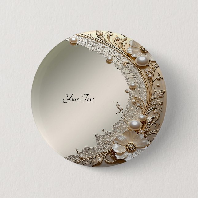 Modern White Flowers Pearls Button (Front)