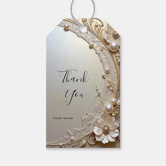 Modern White Flowers Pearls Gift Tag (Front)