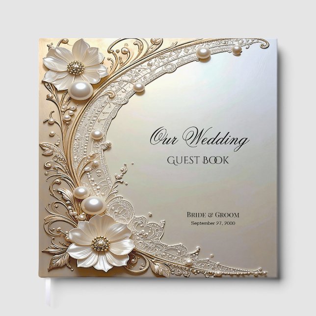 Modern White Flowers Pearls Guest Book (Front)
