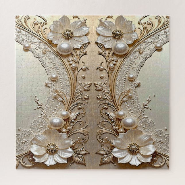 Modern White Flowers Pearls Jigsaw Puzzle (Vertical)