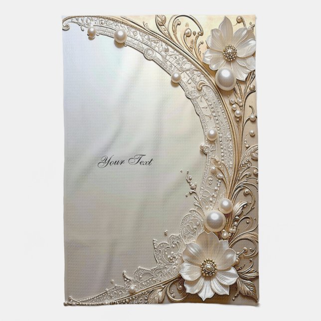 Modern White Flowers Pearls Kitchen Towel (Vertical)