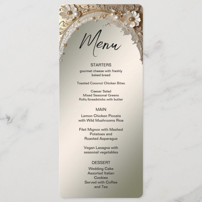 Modern White Flowers Pearls Menu (Front)