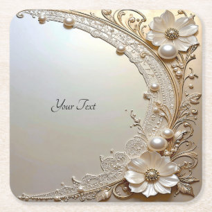 Modern White Flowers Pearls Paper Coaster