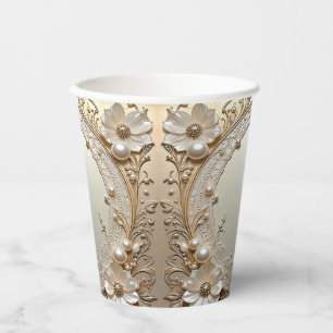 Modern White Flowers Pearls Paper Cups