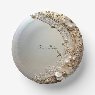 Modern White Flowers Pearls Paper Plate