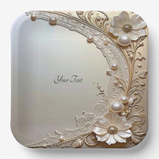 Modern White Flowers Pearls Paper Plate (Front)