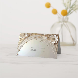 Modern White Flowers Pearls Place Card