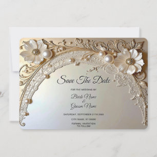 Modern White Flowers Pearls Save The Date