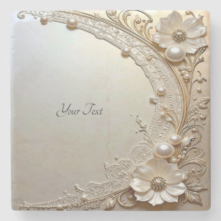 Modern White Flowers Pearls Stone Coaster
