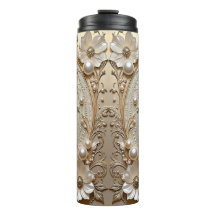Modern White Flowers Pearls Thermal Tumbler