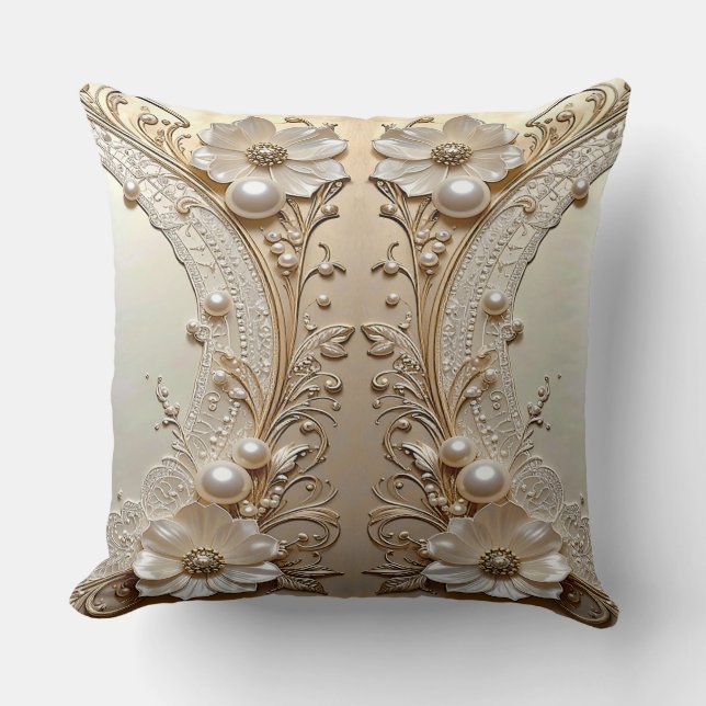 Modern White Flowers Pearls Throw Pillow (Front)