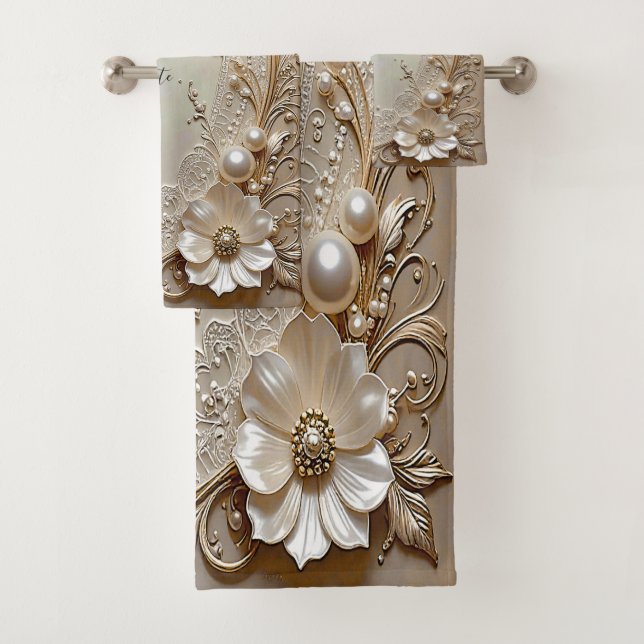 Modern White Flowers Pearls Towel Set (Insitu)