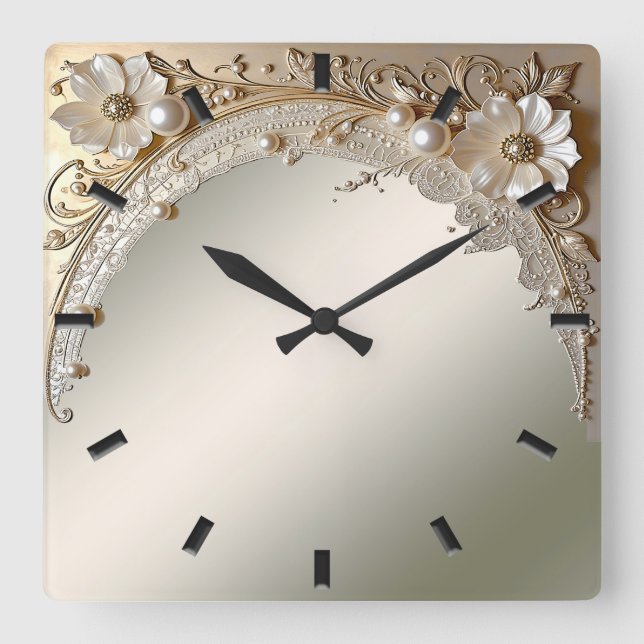 Modern White Flowers Pearls Wall Clock (Front)