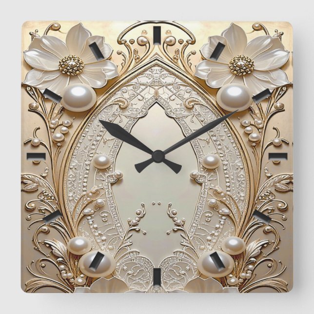 Modern White Flowers Pearls Wall Clock (Front)