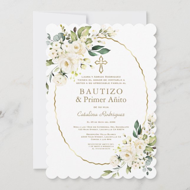 Modern White Flowers Spanish 1st Birthday Baptism Invitation (Front)