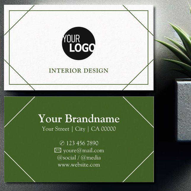 Modern White Forest Green Thin Frame Lines Logo Business Card (Creator Uploaded)
