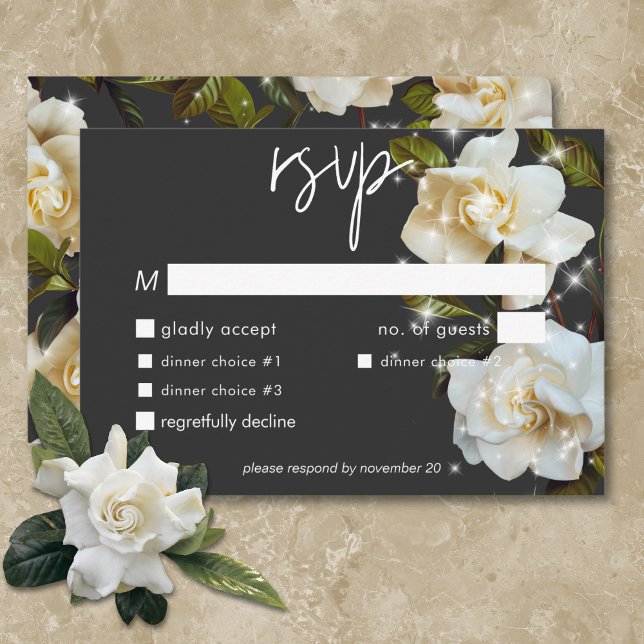 Modern White Gardenias on Black Sparkle Dinner RSVP Card (Modern White Gardenias on Black Sparkle Dinner RSVP Card)