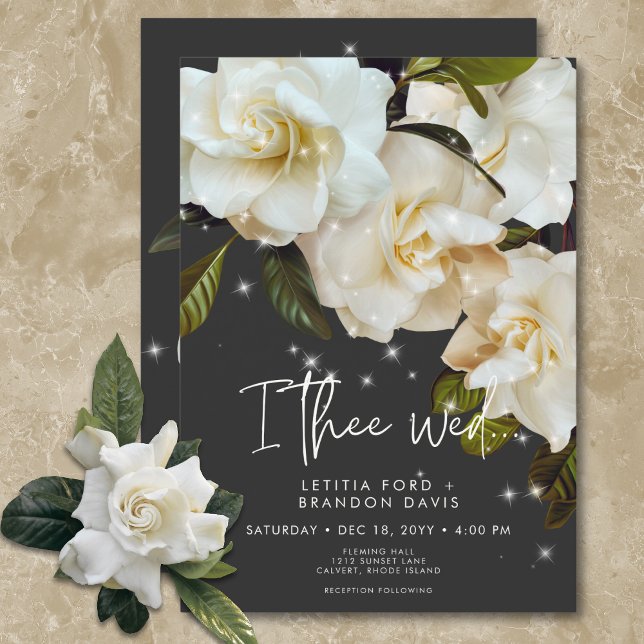 Modern White Gardenias on Black Sparkle Wedding Invitation (Modern White Gardenias on Black Sparkle Wedding Invitation)