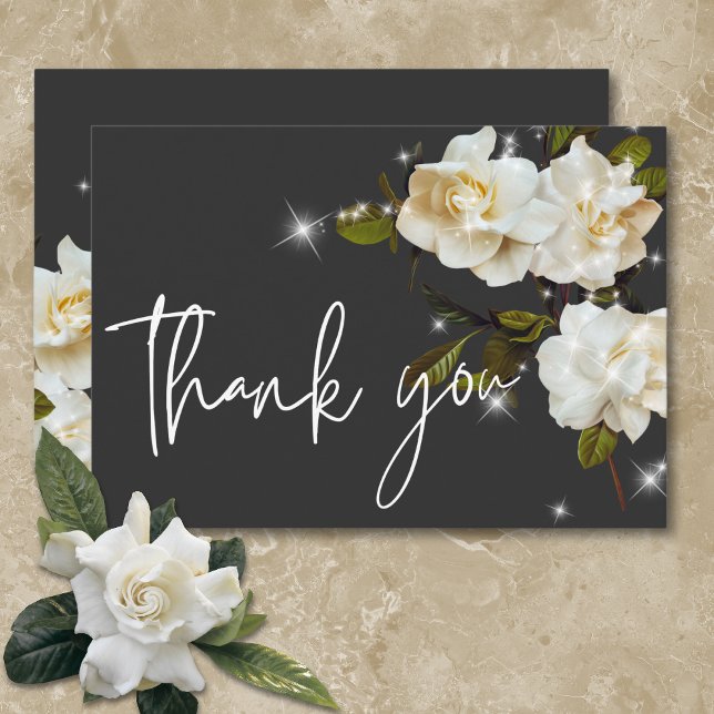 Modern White Gardenias on Black Sparkle Wedding Thank You Card (Modern White Gardenias on Black Sparkle Wedding Thank You Card)