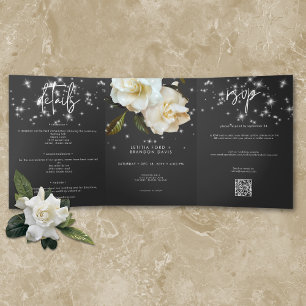 Modern White Gardenias on Black Sparkle Wedding Tri-Fold Invitation