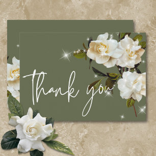Modern White Gardenias on Sage Sparkle Wedding Thank You Card