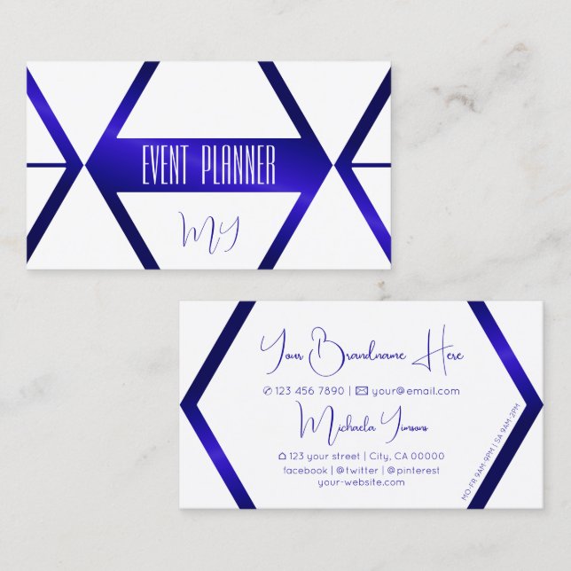 Modern White Geometric Blue Shimmer with Monogram Business Card (Front/Back)