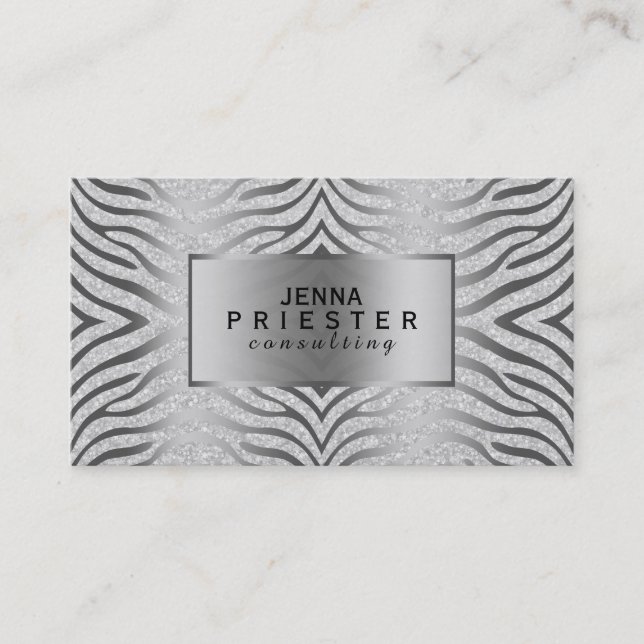 Modern White Glitter & Gold Zebra Stripes Business Card (Front)