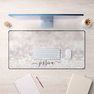Modern white glitter script name desk mat