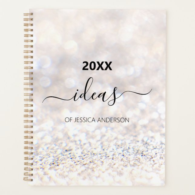 Modern white glitter script name planner (Front)