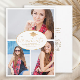Modern White Gold 3-Photo Graduation  Announcement