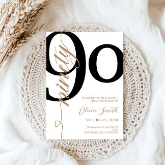 Modern White & Gold 90th Birthday Party Invitation