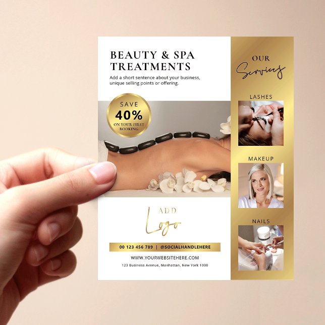 Modern White & Gold Beauty Salon Logo Marketing Flyer (Modern business marketing flyer in white and gold with photo collage and special discount)