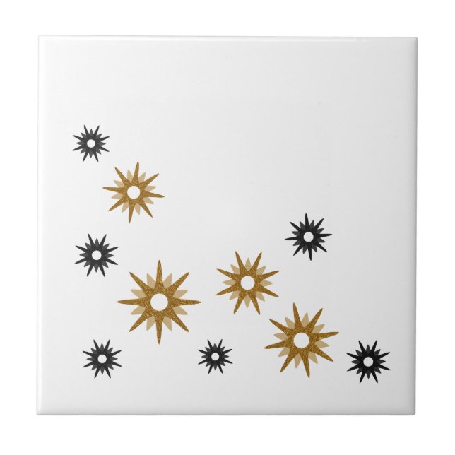 Modern White Gold & Black Starburst Design Ceramic Tile (Front)