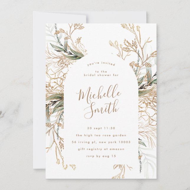 Modern White Gold Boho Eucalyptus Bridal Shower Invitation (Front)