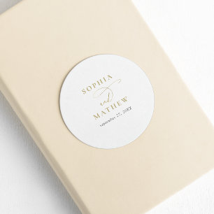 Modern White Gold Calligraphy Wedding Classic Round Sticker