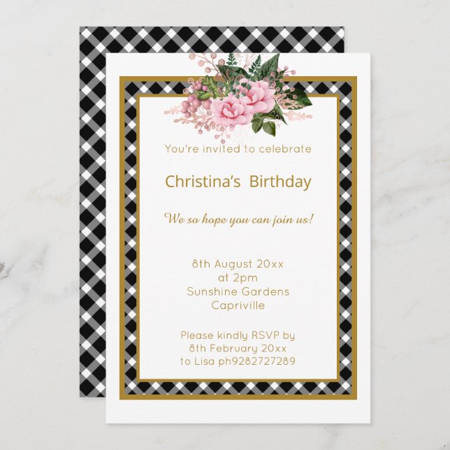 MODERN WHITE GOLD CHECK LAYER FLORAL ALL OCCASSION INVITATION (Front/Back)